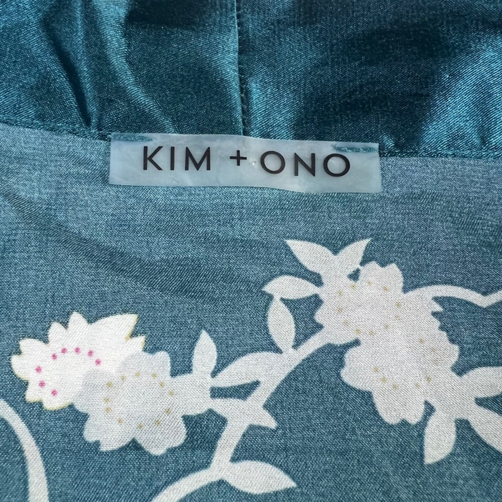 KIM + ONO Women OS Kimono Robe Teal Blue Peacock Floral Satin Short Wrap - Picture 4 of 5